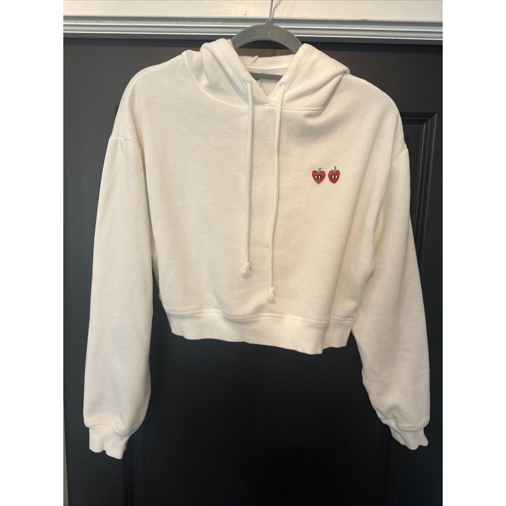Victoria Secret Pink Everyday Fleece Cropped Hoodie‎ Optic White Strawberry XS